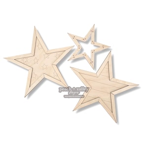 May include: Three unfinished wooden stars of varying sizes. The largest star has a wood grain pattern, the medium star has a pattern of small stars, and the smallest star is plain.
