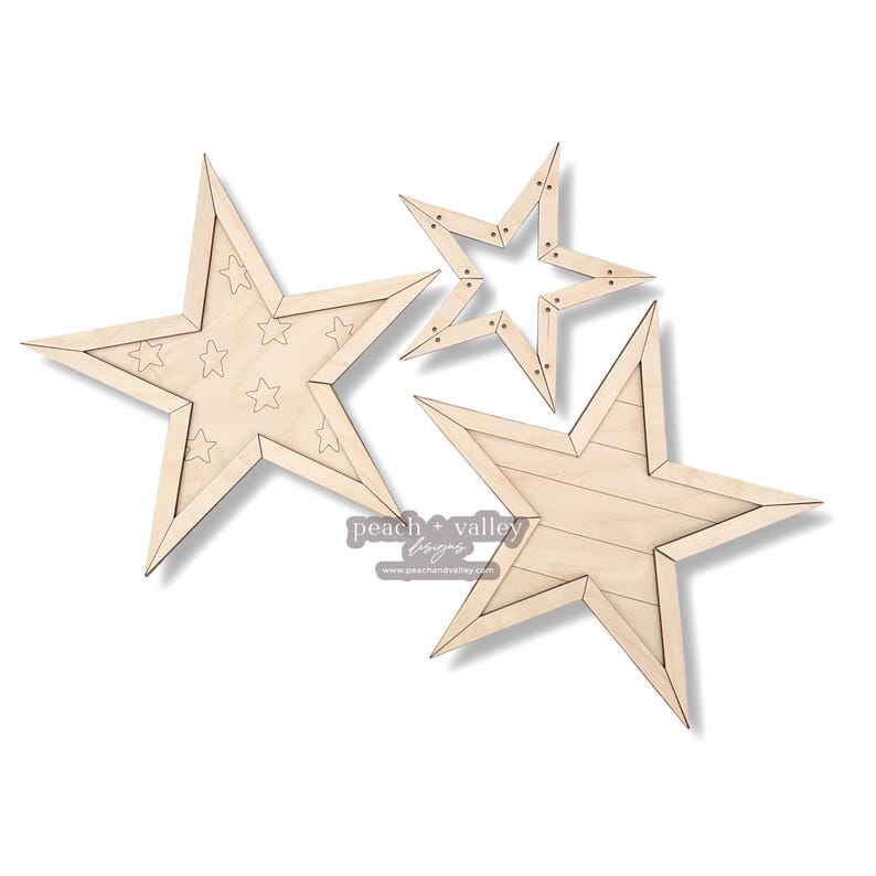 May include: Three unfinished wooden stars of varying sizes. The largest star has a wood grain pattern, the medium star has a pattern of small stars, and the smallest star is plain.