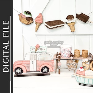 May include: A pink ice cream truck with the words "ICE CREAM" and "FRESH OLD FASHIONED" on the side. There is a wooden sign that says "LIFE IS SWEETER BY THE SCOOP" and a large number 50 with a banana split on top.