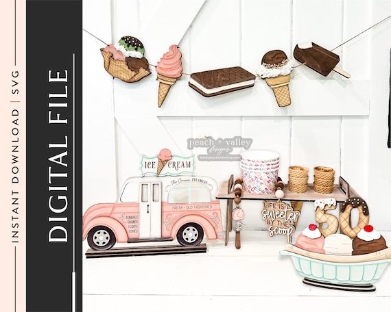 Ice Cream Social Laser Cut File, Ice Cream Party Wood Cutting Machine Glowforge Project, Laser Cutting Design Cricuit Project SVG