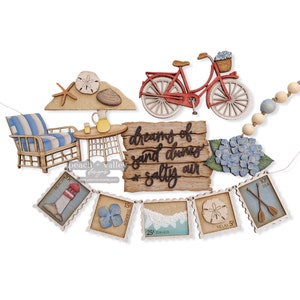 May include: Wooden cutout banner with a beach theme. The banner features a lighthouse, a seashell, a flower, waves, and a pair of oars. The banner also includes the text "BEACH 10c", "SUMMER 15c", "25c WAVES", "RELAX 5c", and "10c SEA".