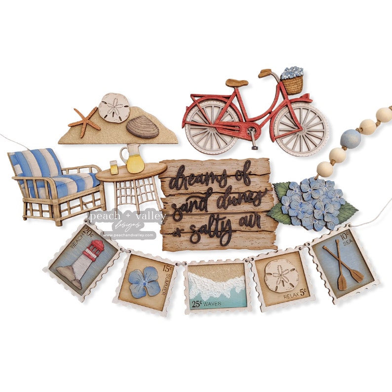 May include: Wooden cutout banner with a beach theme. The banner features a lighthouse, a seashell, a flower, waves, and a pair of oars. The banner also includes the text "BEACH 10c", "SUMMER 15c", "25c WAVES", "RELAX 5c", and "10c SEA".