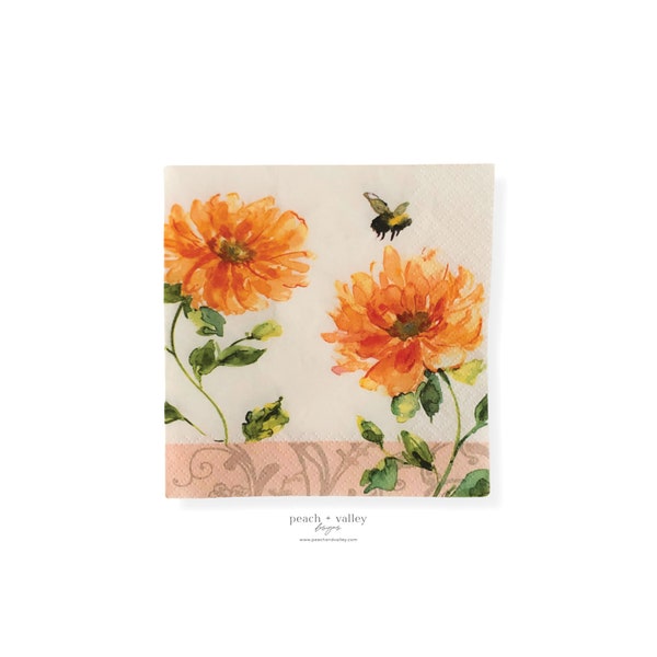 Orange Spring Flowers Decoupage Napkin |  Spring Cocktail Napkin | Spring Craft Napkin | Spring Paper Napkin | Bumble Bee Napkin