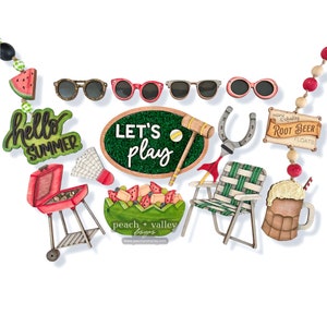 May include: A set of wooden summer-themed decorations, including a watermelon slice, sunglasses, a grill, a horseshoe, a lawn chair, a root beer float, a watermelon salad, a sign that says "Let's Play", and a sign that says "Hello Summer".