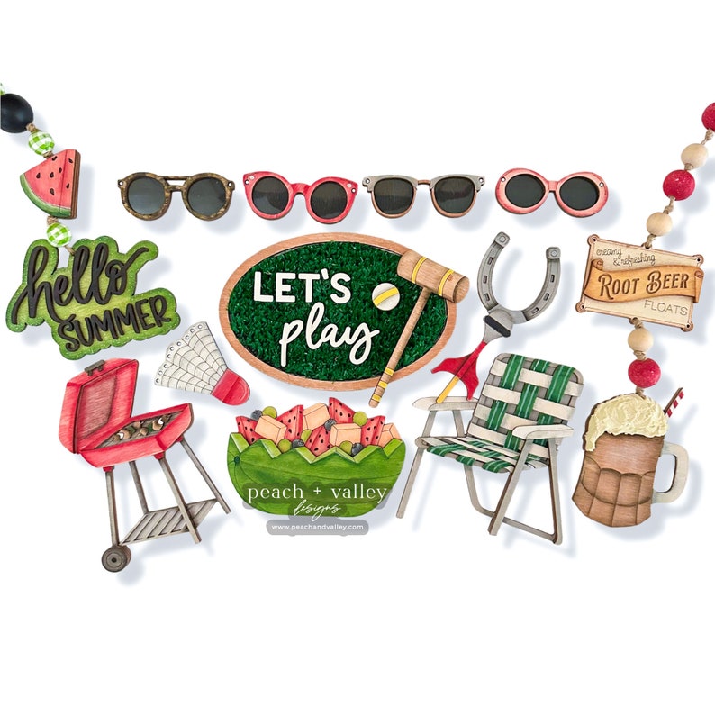 May include: A set of wooden summer-themed decorations, including a watermelon slice, sunglasses, a grill, a horseshoe, a lawn chair, a root beer float, a watermelon salad, a sign that says "Let's Play", and a sign that says "Hello Summer".