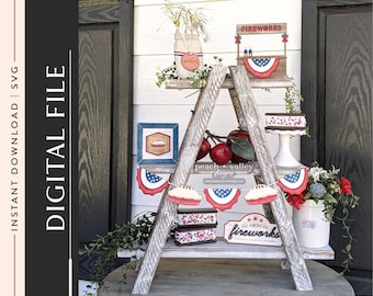 July 4th Decor Laser Cut File, DIY Laser Cutting Design Tiered Tray Decor, Americana Decor Wood Cutting Glowforge Project, Cricut Idea SVG