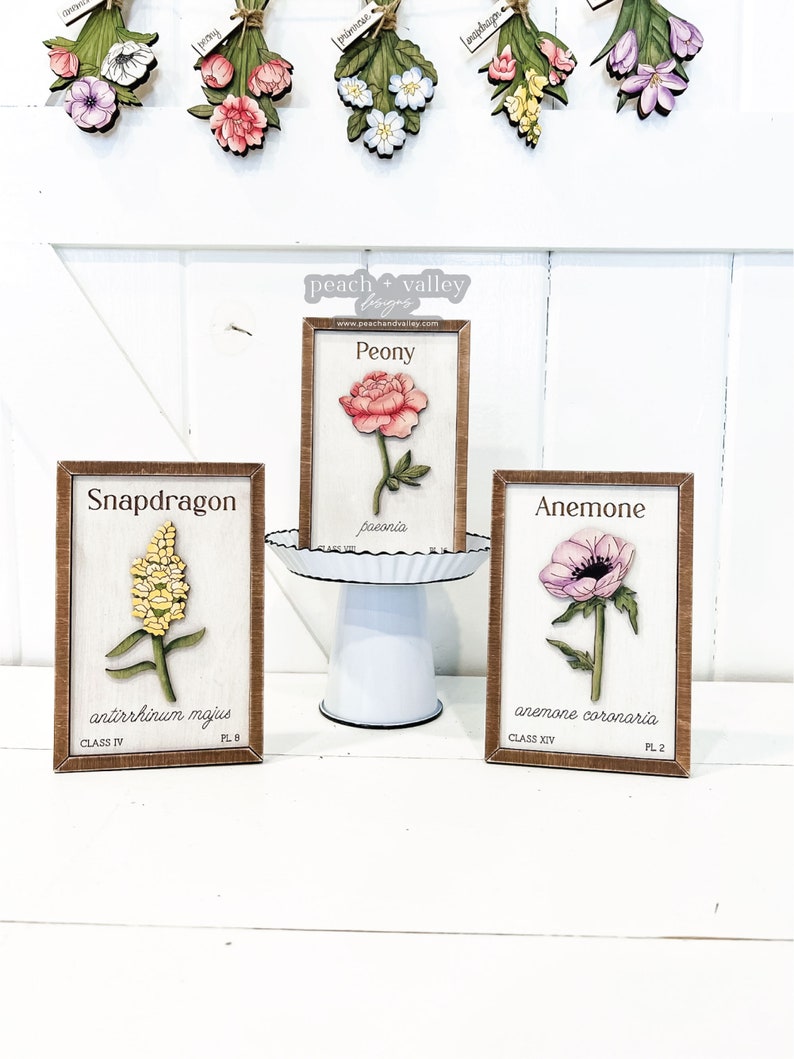 May include: Three wooden signs with floral illustrations and botanical names. The signs are labeled "Snapdragon", "Peony", and "Anemone". Each sign has a brown wooden frame and a white background.
