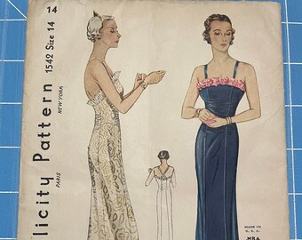 Simplicity original 1930's Misses evening dress sewing pattern#1542: Size 14/Unprinted / factory fold