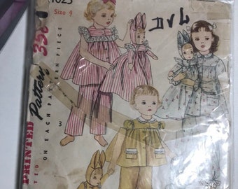 Simplicity vintage child two- piece Pajamas and Laundry bag doll transfers included sewing pattern #4025 size 4/breast 23"/ waist 21"