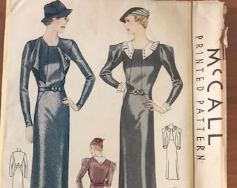 McCall original 1930's Ladies long sleeve dress sewing pattern# 7563/ bust size 40"/ printed / complete