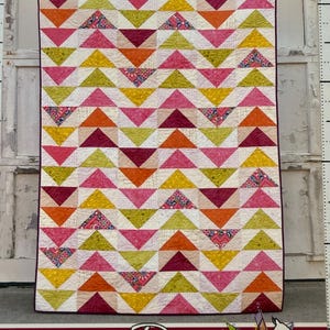 Pode incluir: Um edredom colorido com um padrão de triângulos repetidos em tons de rosa, laranja, amarelo e verde. O edredom apresenta o texto "Flock Together" e o logotipo Running Doe Quilts.