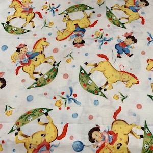Vintage Pony Ride print on a white background by Michael Miller/ Vintage print/ OOP/HTF/fabric cut 33” by 44”