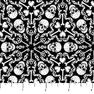 May include: Black and white patterned fabric featuring a repeating design of skulls, hearts, keys, and bones. The skulls are detailed with visible teeth and eye sockets. The design is symmetrical and gothic in style.
