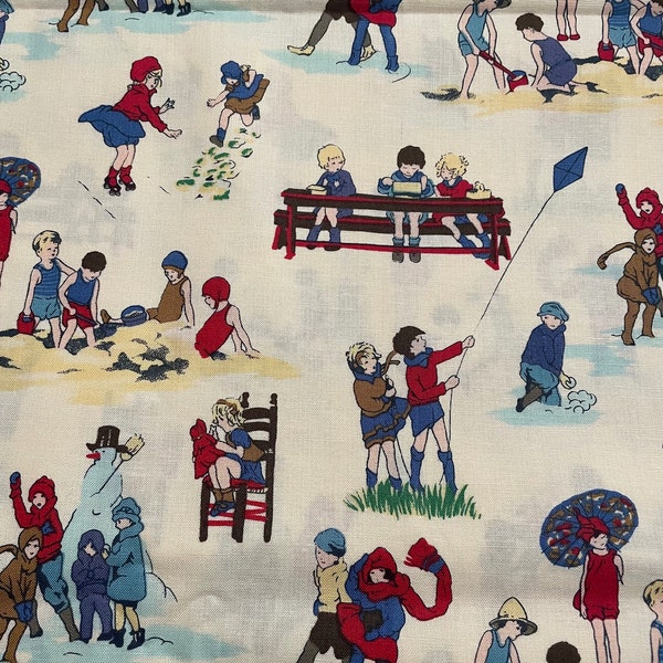 Children at play on a sand background fabric by Faye Brugos for Marcus Brothers textiles/Sold by the half yard