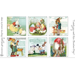 Puede incluir: Un collage de ilustraciones vintage con temática de Pascua. Las imágenes presentan conejos y huevos antropomórficos, con texto como "Paas Egg Dyes" y "Easter Greetings". La paleta de colores incluye pasteles y tonos vibrantes.