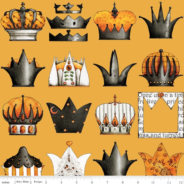 Queen Of Ween- Antique style crowns print fabric orange background by J Wecker Frisch for Riley Blake Designs/Sold by the half yard