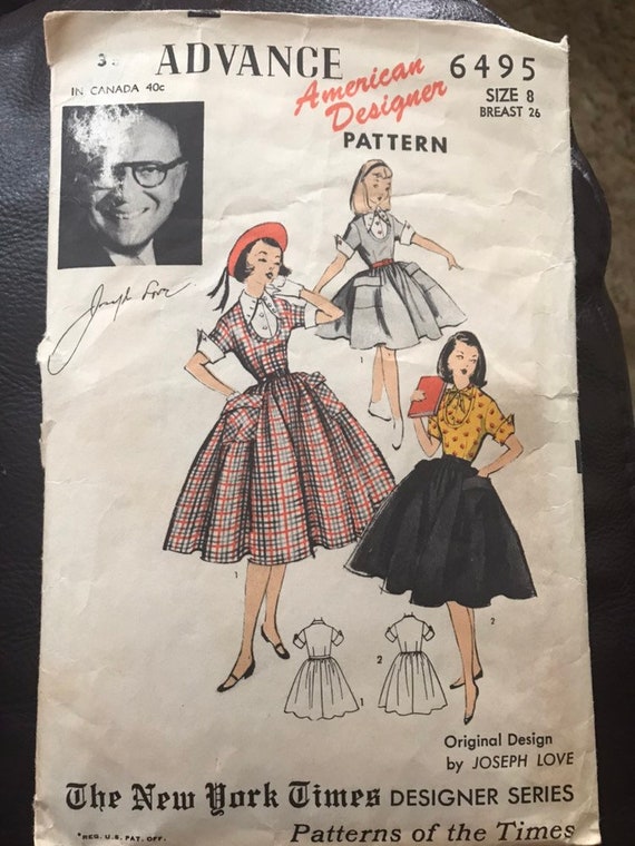 1950's Young Misses Dress Sewing Pattern by Advance American Designer  Pattern # 6495. Original Design by Joseph Love for the New York Times - Etsy