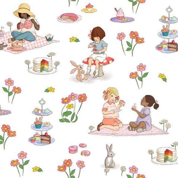 Yummy Scrummy Day tea party picnic print fabric/white background by Michael Miller/Sold by the half yard/cotton