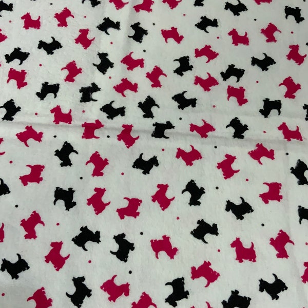 Scotty Dogs in pink and black print on white background/Sold by the half yard/ from my personal fabric stash/ Cotton FLANNEL