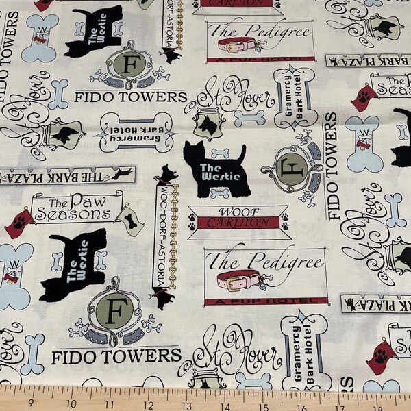 Privileged Pups on cream background fabric by Greta Lynn for Kanvas/ Cotton/ Sold by the half yard
