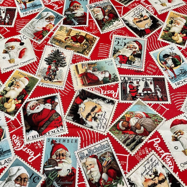 Nicholas - Santa postage stamps on red background by J Wecker Frisch for Riley Blake Designs #CD12335/ Sold by the half yard