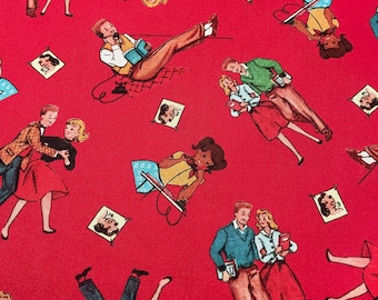 Happy Times - Shall we dance main retro style print fabric on a red background by Michael Miller/Sold by the half yard/cotton