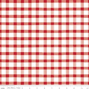 Könnte beinhalten: Rotes und weißes Gingham-Gewebe mit einem Pinselstrichmuster. Der Stoff ist 30,48 cm breit und perfekt zum Quilten, Nähen und Basteln.