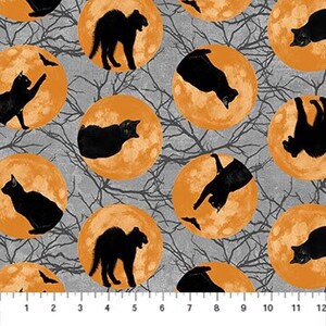 Black Cat capers - Black Cat Orange Orbs gray background # 24118 by Andrea Tachiera for Northcott /Fabric cut  17.5&quot; by 44&quot;