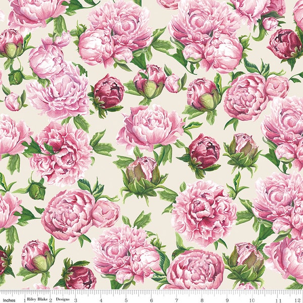 Spring peony floral contrasting fabric on cream by Hester & Cook for Riley Blake Designs/Sold by the half yard