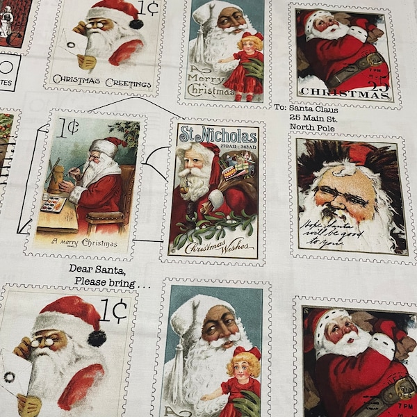 Nicholas - Cheerful giver stamps  on white background by J Wecker Frisch for Riley Blake Designs # PD12332R/ Sold by the panel