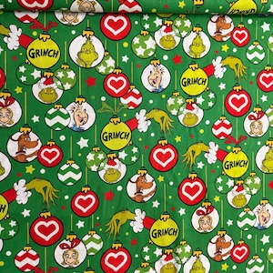 How The Grinch Stole Christmas- Grinch ornaments on a green background fabric/Cotton/Sold by the half yard