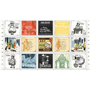 May include: A rectangular fabric panel featuring fifteen individual square blocks with vintage-style illustrations of gingerbread, baking scenes, and holiday text. The grid includes labels like Cookie Day, Sledding, Bake, and Gift, with a white border.