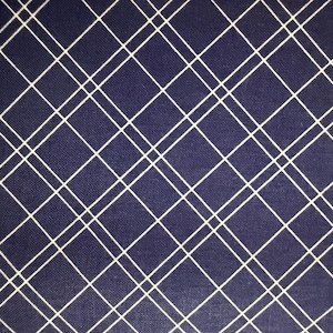 May include: A close-up of a navy blue fabric with a white plaid pattern. The white lines intersect to create a grid-like design. The fabric has a slightly textured appearance.