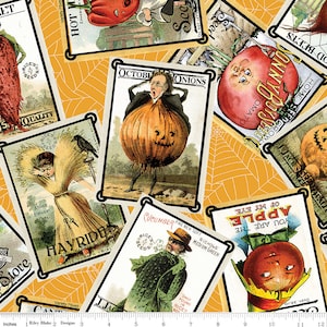 Puede incluir: Una colección de paquetes de semillas vintage con ilustraciones de temática de Halloween. Los paquetes presentan imágenes de una calabaza, una cebolla, una manzana y un tomate con caras espeluznantes. Los paquetes están impresos sobre un fondo amarillo con un patrón de telaraña.