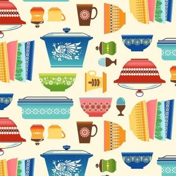 Retro Kitchen- Vintage Hunt- on a cream background by Michael Miller/ Cotton/ Sold by the half Yard