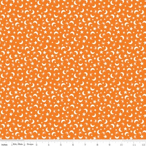 Fright Delight - Moons and stars on a orange background by Lindsay Wilkes for Riley Blake Designs/ Cotton/ Sold by the half yard