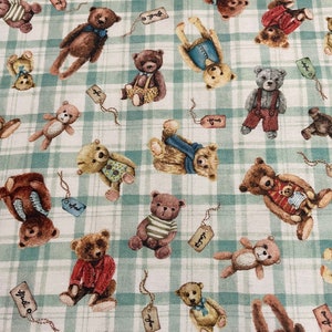 Much Loved Bear - Bear in mind print on blue check background by Michael Miller/ Cotton/ Last cut 18” by 44”