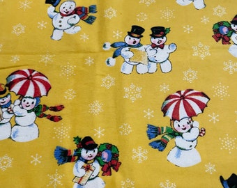 Retro snowman flannel fabric on yellow background with white snowflakes/Cotton/ Sold by the Half Yard