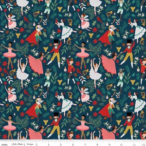 May include: A fabric pattern featuring a repeating design of ballet dancers, nutcrackers, fairies, and cardinals on a dark teal background. The design includes red, pink, white, and green elements, with the text "Riley Blake Designs" at the bottom.