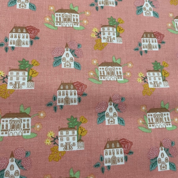 EMMA- Houses fabric by Citrus and Mint for Riley Blake Designs on a pink background/Cotton/ Sold by the half yard