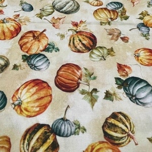Puede incluir: Una tela de color crema con un patrón repetitivo de diferentes calabazas y calabacines. Las calabazas son en tonos de naranja, verde y azul. Los calabacines son en tonos de marrón, verde y amarillo. La tela es perfecta para manualidades y decoraciones de otoño.
