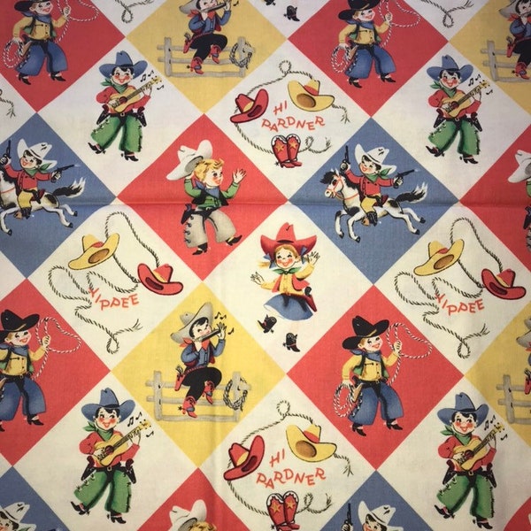 Yippee Retro cowboy & cowgirl on dimond background by Michael Miller/ Cotton/ Sold by the half yard