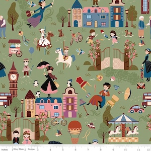 May include: A whimsical fabric design featuring a repeating pattern of cartoon characters, buildings, and various objects. The design includes figures with umbrellas, houses, a carousel, and a hot air balloon, all set against a green background. The text "Riley Blake Designs" is at the bottom.