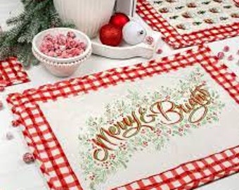 Merry and Bright -Christmas placemat panel contrasting Santa fabric by Hester & Cook for Riley Blake Designs/ Cotton/ Sold by the half yard