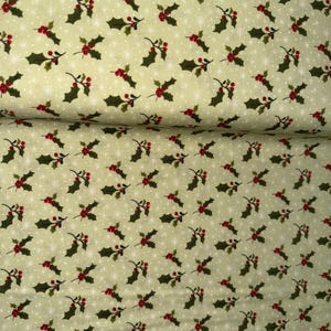 Può includere: Tessuto verde chiaro con un motivo ripetuto di foglie di agrifoglio verdi e bacche rosse. Piccole forme bianche a forma di stella sono sparse sullo sfondo. Il tessuto è piegato, mostrando la sua consistenza e i suoi strati.