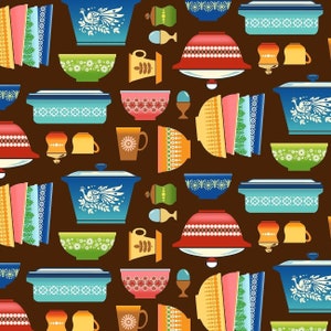 Retro Kitchen- Vintage Hunt- on a brown background by Michael Miller/ Cotton/Fabic Cut " 18” by  44"