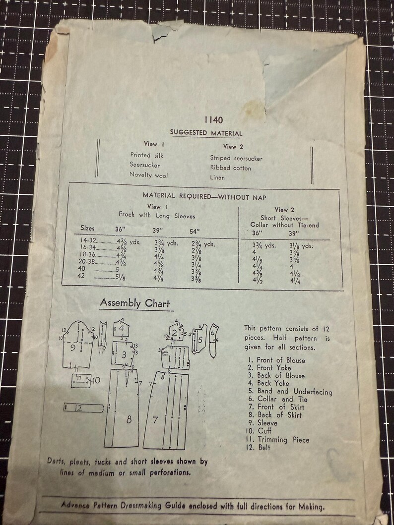 1940’s Misses Dress Sewing Pattern by Advance Pattern # 1140/size 14 ...