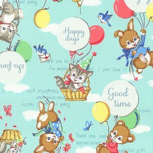 Dear Little World - Happy days retro style animal friends with balloons by Quilt Gate on aqua background/Sold by the half yard