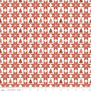 May include: Red and white Christmas fabric with a repeating pattern of stylized Christmas trees and snowflakes.