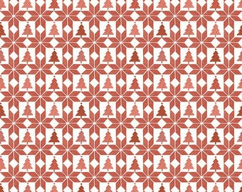 May include: Red and white Christmas fabric with a repeating pattern of stylized Christmas trees and snowflakes.